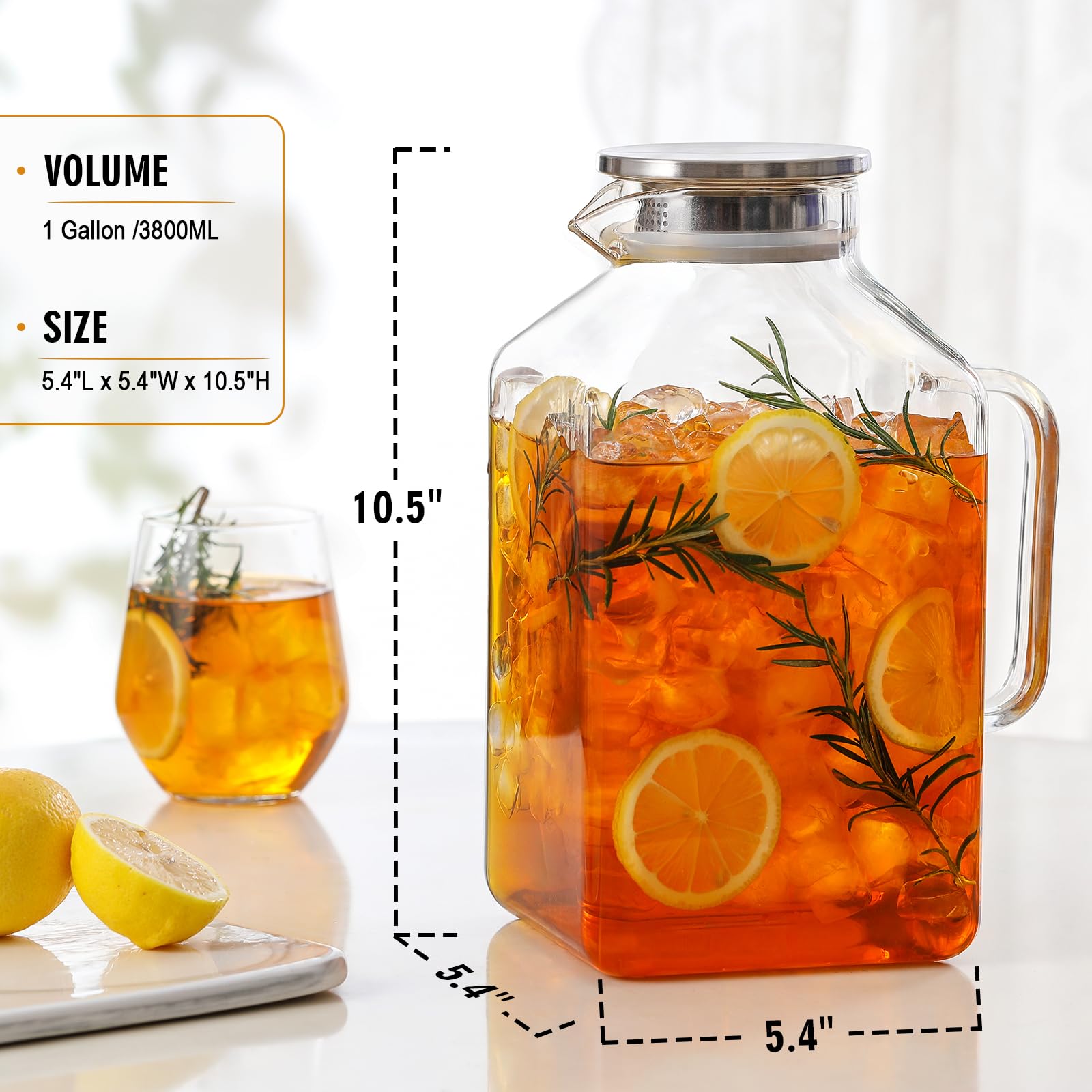 NETANY borosilicate glass pitcher, 1-gallon capacity, durable for hot tea or cold beverages.