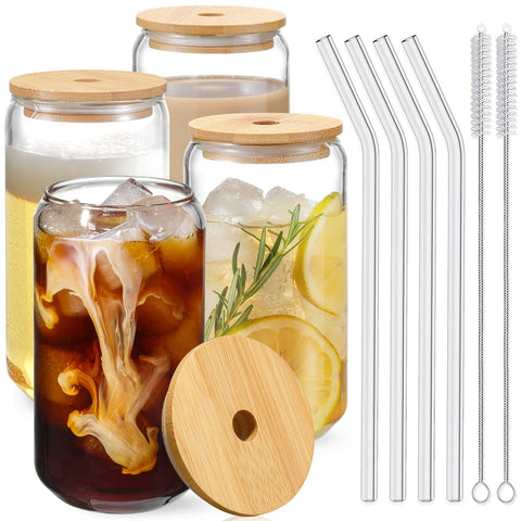 NETANY 4-piece drinking glasses with bamboo lids for eco-friendly serving
