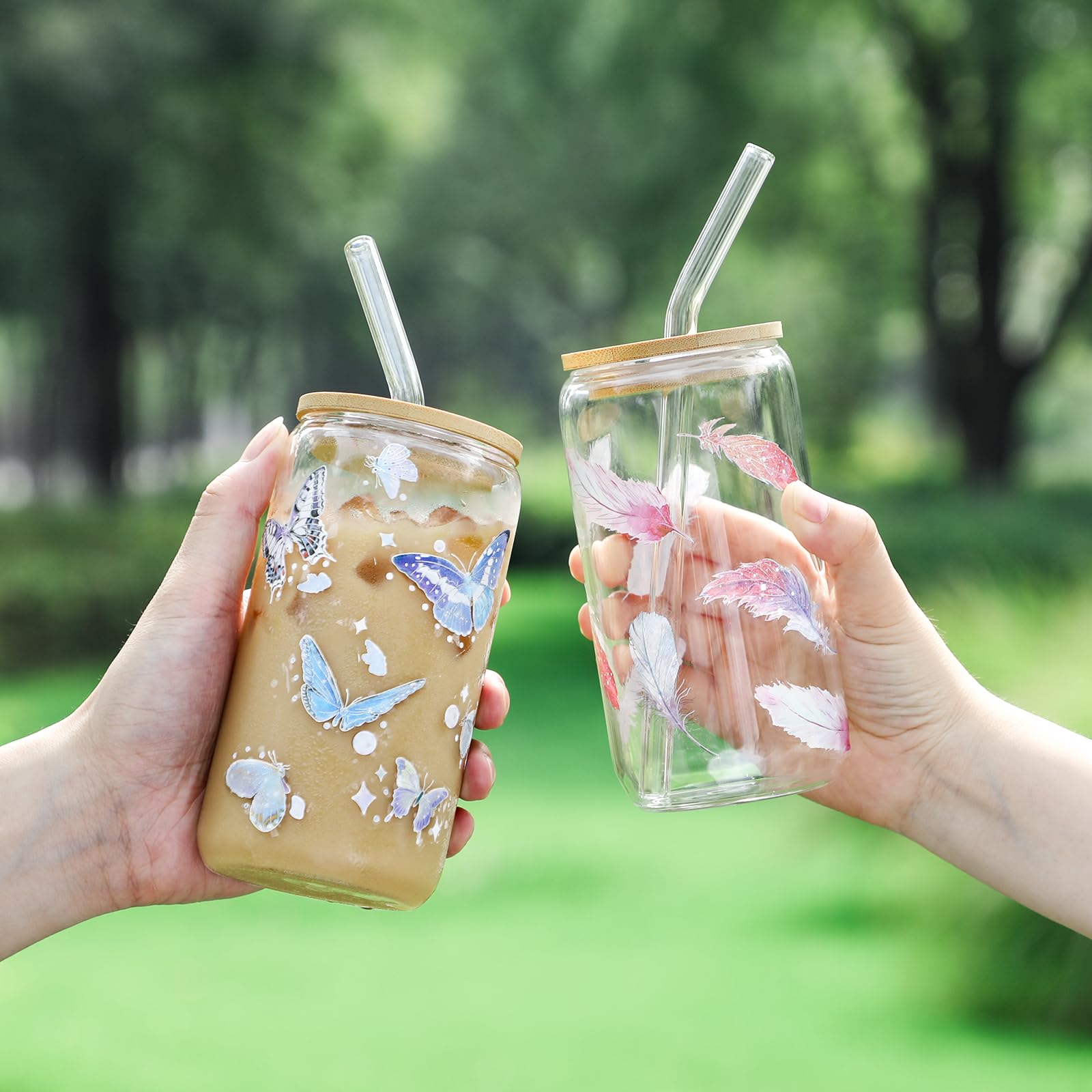NETANY clear glass cups with bamboo lids and reusable straws for tea or coffee