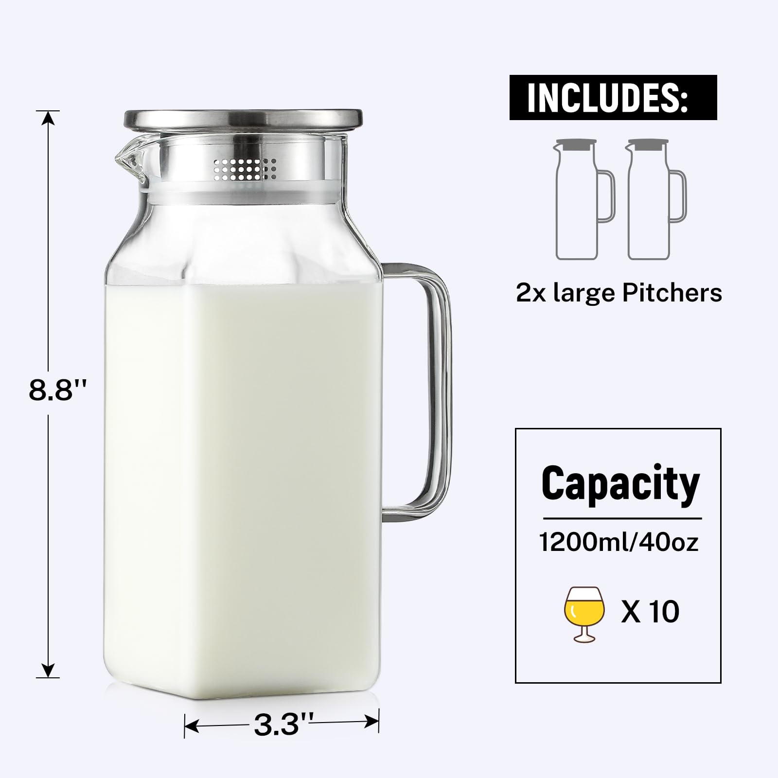 NETANY square glass pitcher with drip-free spout for effortless pouring