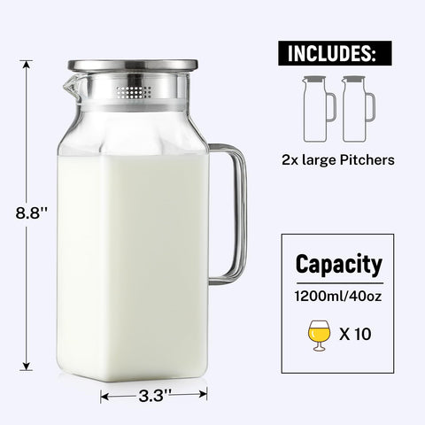 NETANY square glass pitcher with drip-free spout for effortless pouring