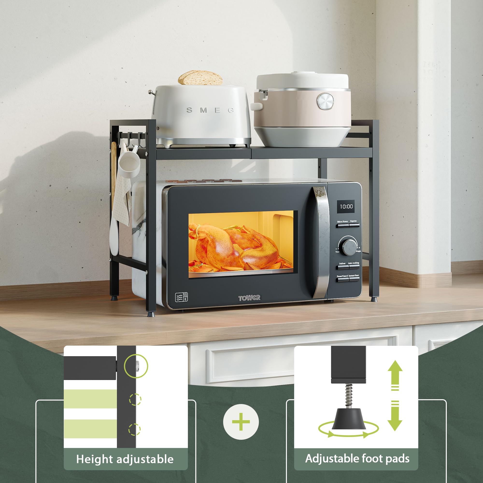 Expandable rack includes eight hooks for utensils and towels.