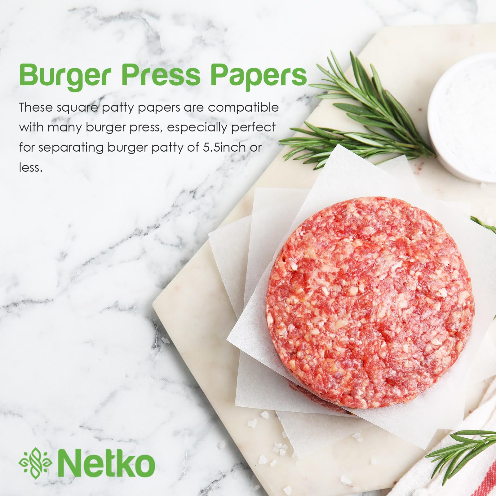 Netko Patty Paper 5.5x5.5 in box shows restaurant-grade parchment for home use