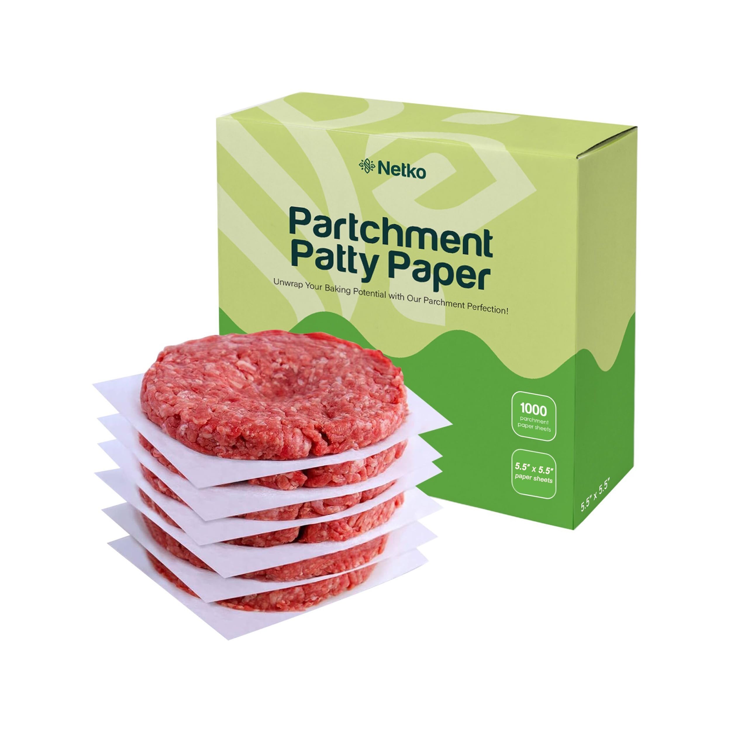 Netko Patty Paper 5.5x5.5 stack showing bulk packaging for kitchens
