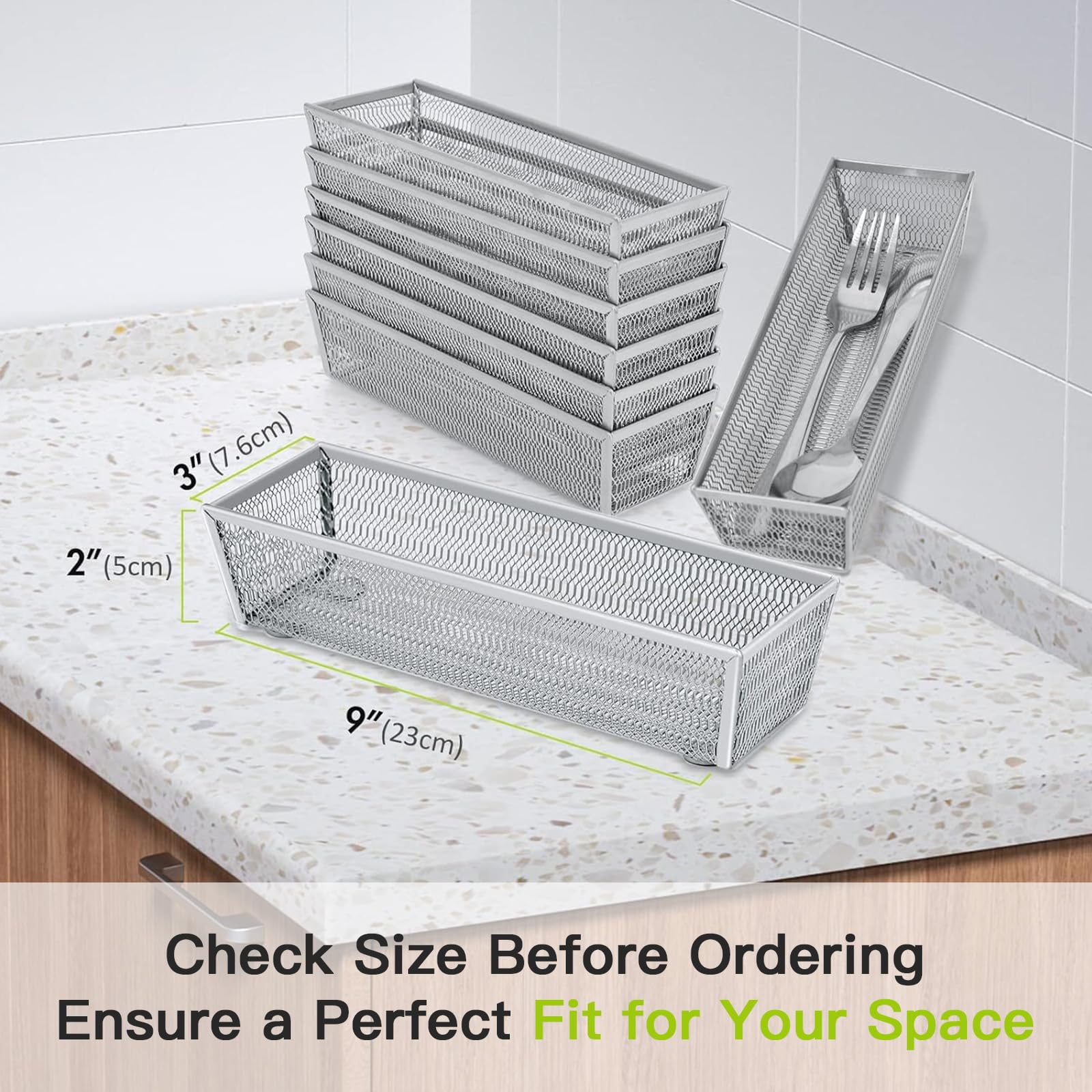 Neudeco 6-section drawer tray keeps flatware, knives, and spoons neatly separated.