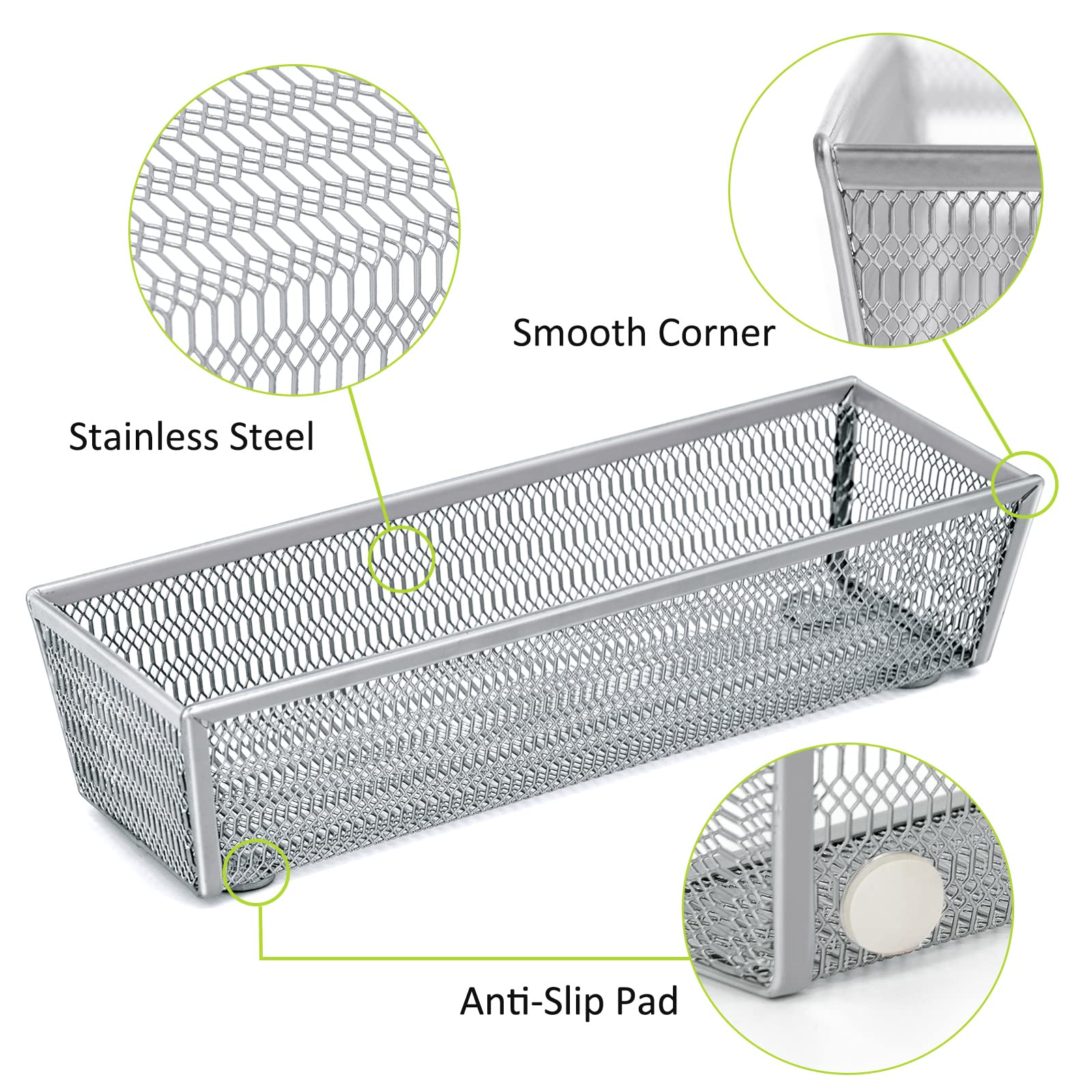 Neudeco metal utensil organizer with non-slip base prevents sliding during drawer use.