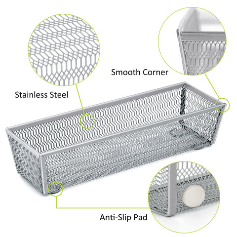 Neudeco metal utensil organizer with non-slip base prevents sliding during drawer use.