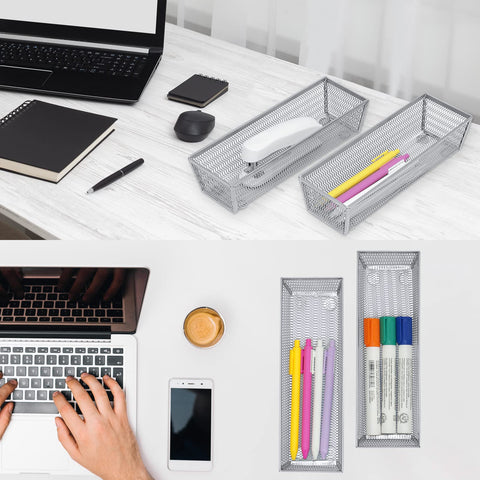 Neudeco silver finish tray fits compact 9x3x2 inch spaces.