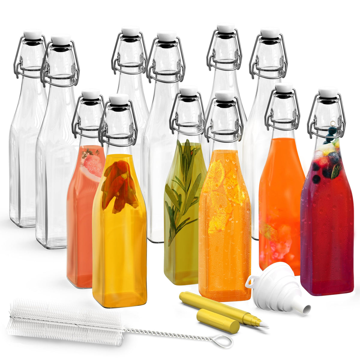 Nevlers 17 oz square swing top bottle with airtight lid for fresh beverages.