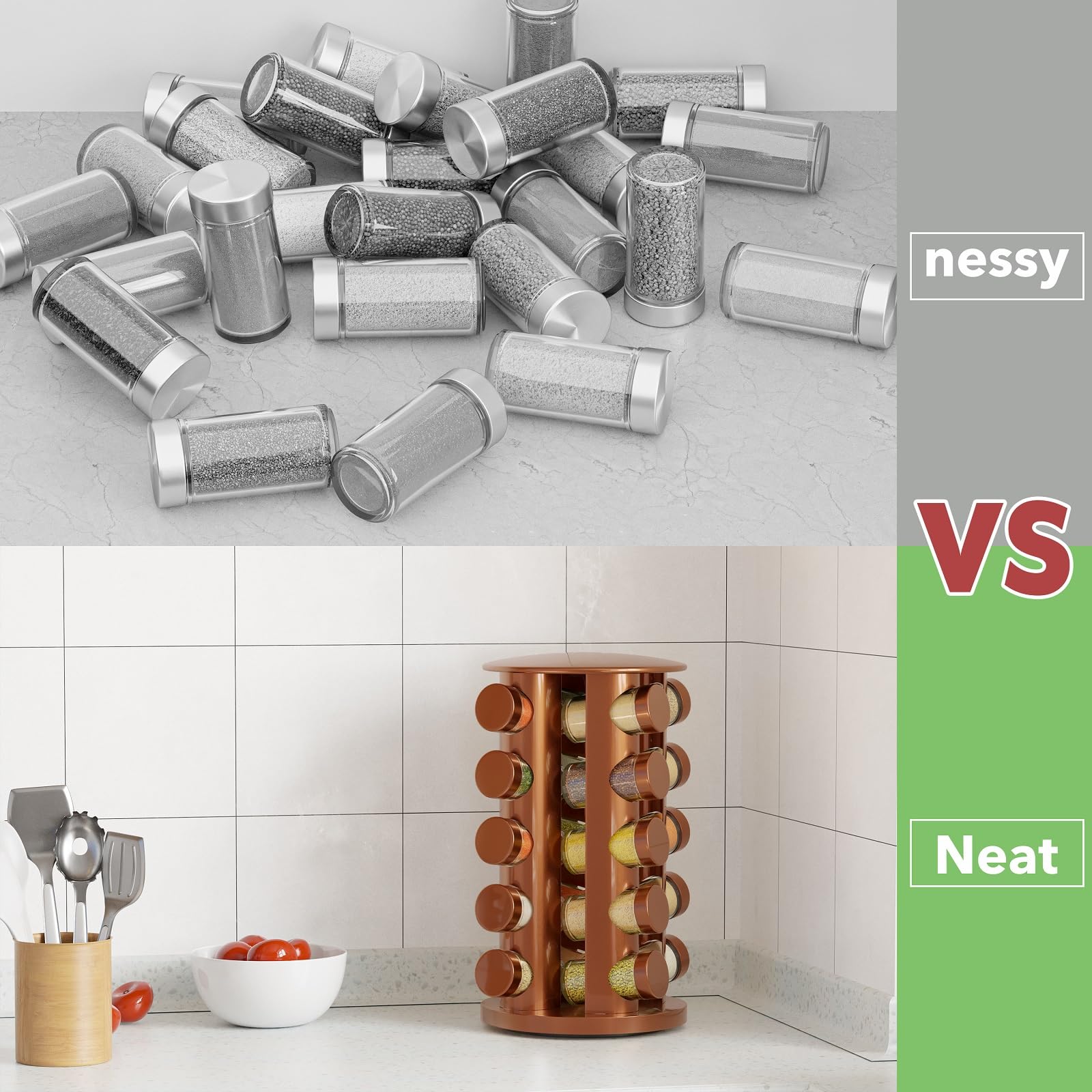 New England Stories 360° rotating base allows quick access to spices from any angle.