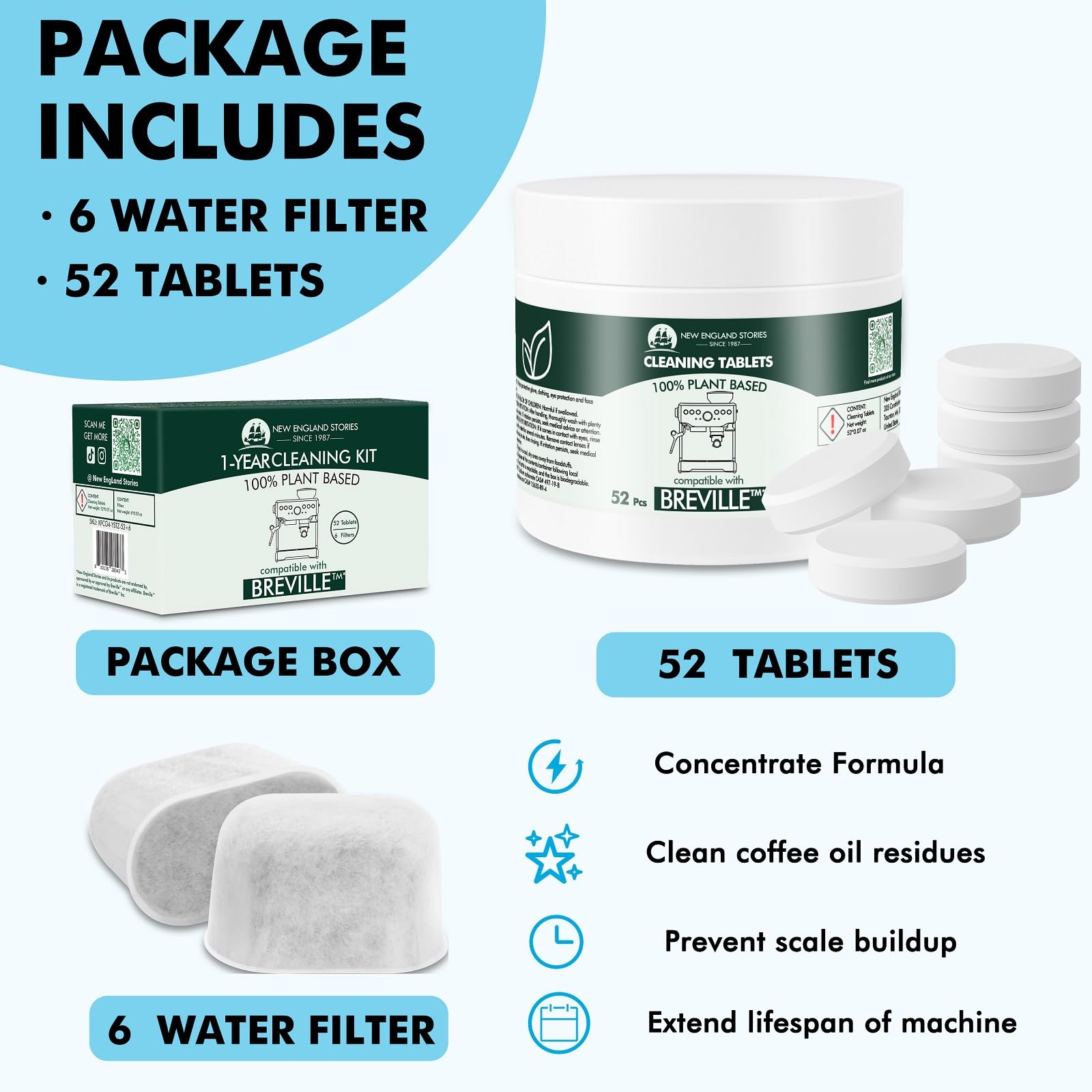 New England Stories 52 cleaning tablets for quick, thorough removal of coffee residue.