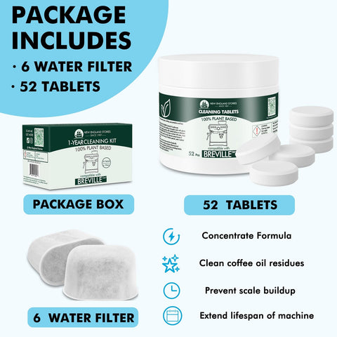 New England Stories 52 cleaning tablets for quick, thorough removal of coffee residue.