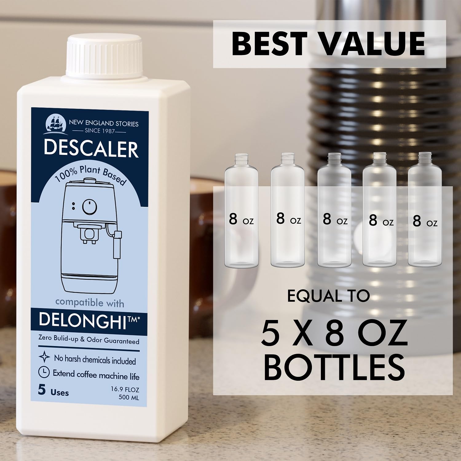 New England Stories DeLonghi descaler liquid close-up highlighting natural formula