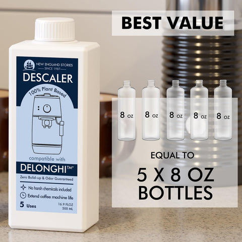 New England Stories DeLonghi descaler liquid close-up highlighting natural formula
