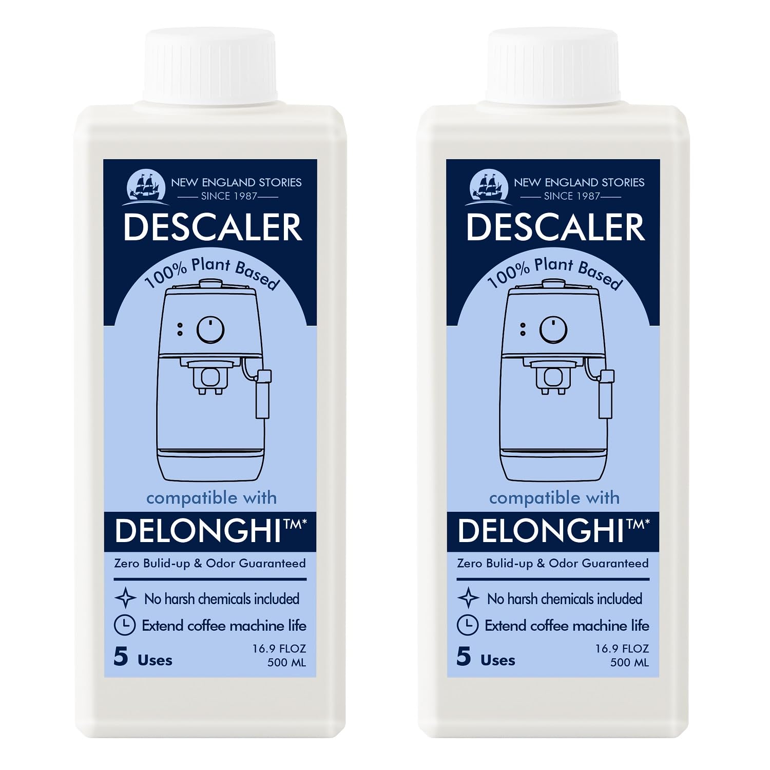 New England Stories DeLonghi descaling bottle pour starts safe cleaning action