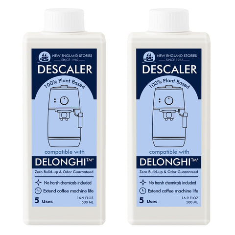 New England Stories DeLonghi descaling bottle pour starts safe cleaning action