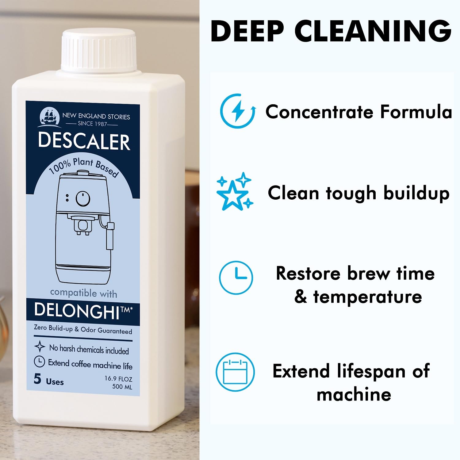 New England Stories DeLonghi descaling two-bottle pack ready for routine maintenance