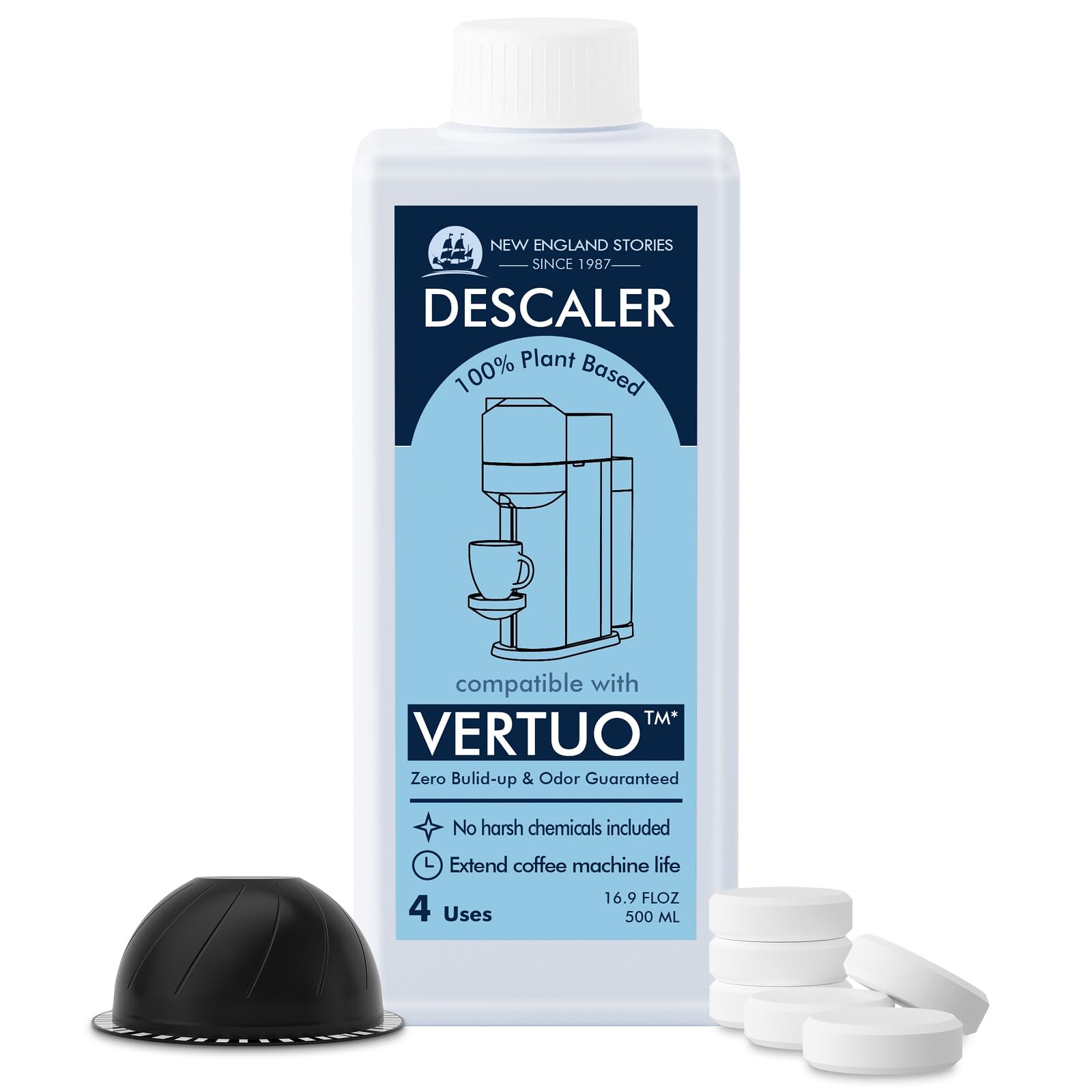 New England Stories descaling kit for Vertuo liquid solution removes mineral buildup for cleaner brewing