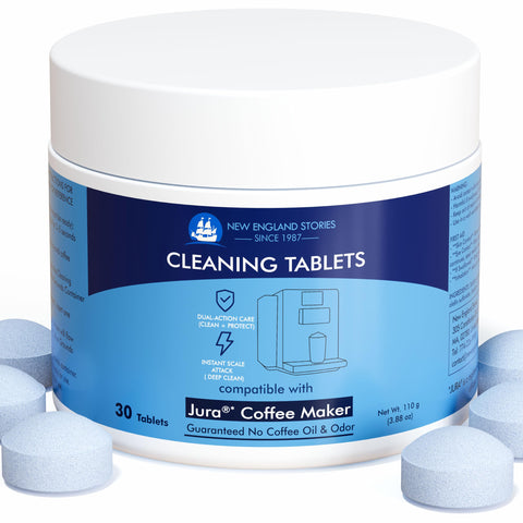 New England Stories Jura cleaning tablets packaging shown for easy maintenance.