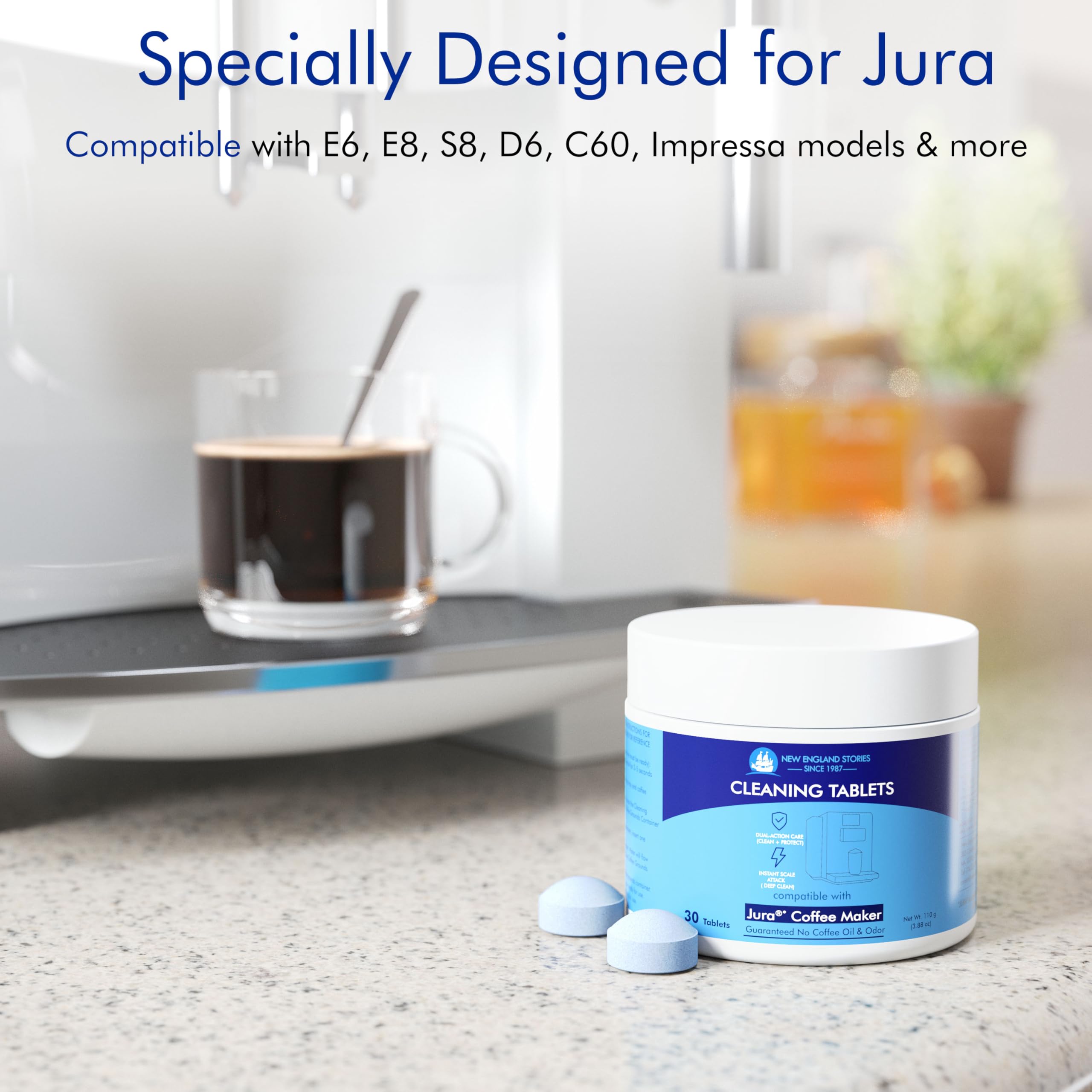Close-up of New England Stories Jura cleaning tablet with compact formula.
