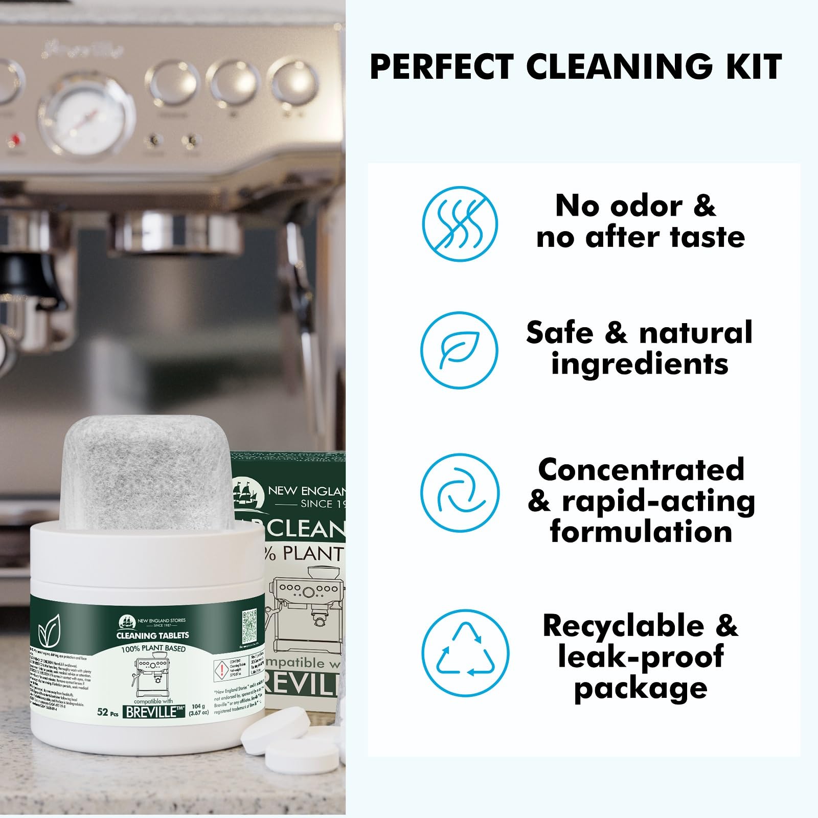 New England Stories odorless cleaning tablets preserve aroma without aftertaste.