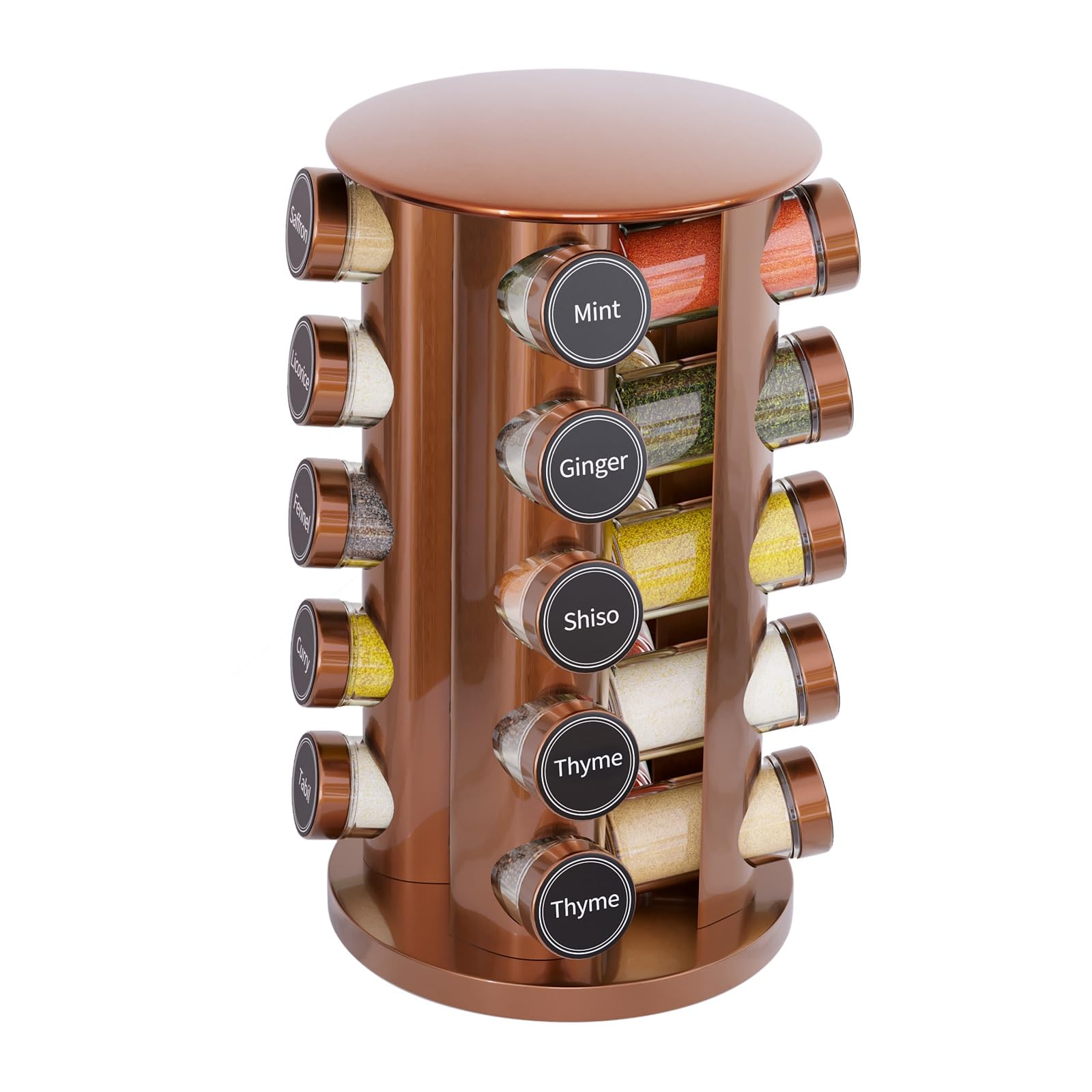 New England Stories revolving spice rack keeps spices within easy reach on the counter.