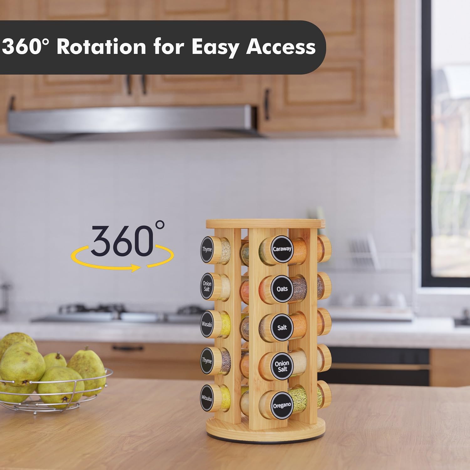 New England Stories 360° rotating base enables quick spice selection.
