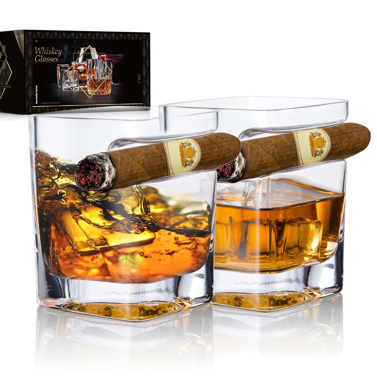 YouYah cigar whiskey glasses 2 pack with indented rest for steady handling