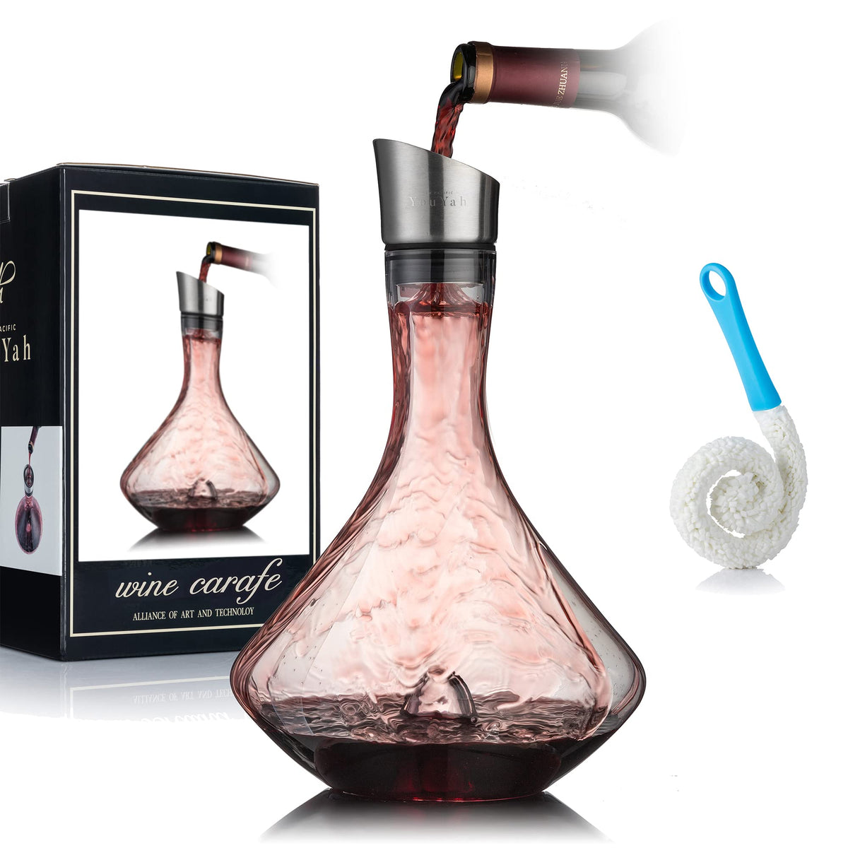 YouYah Wine Decanter Set bottle pour shows elegant design and quick aeration for richer aroma