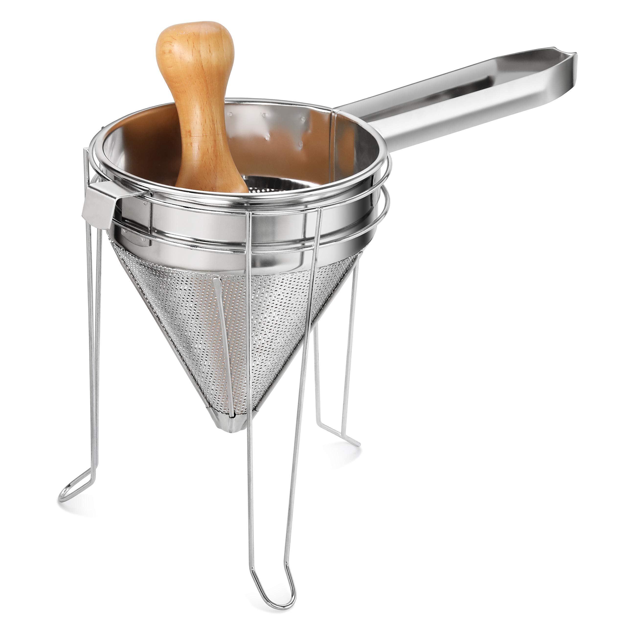 New Star Foodservice 42566 chrome stand supports the chinois during use.