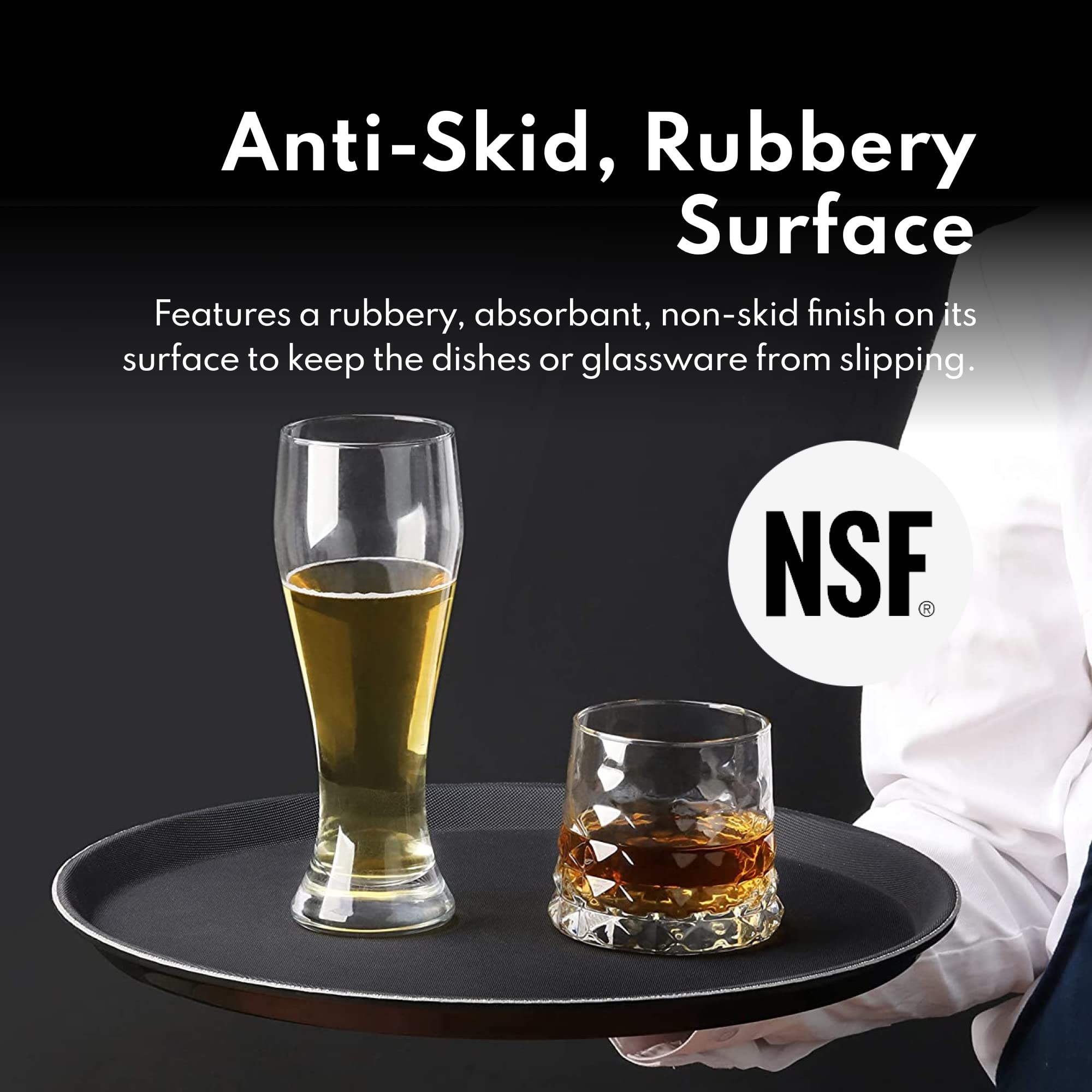New Star Foodservice black round tray demonstrates durable plastic construction for long use.