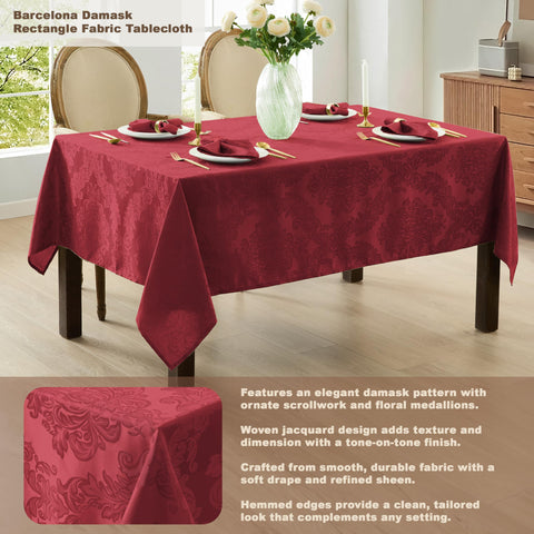 Newbridge Barcelona Damask Tablecloth burgundy close-up on 60x102 table for elegant setup.
