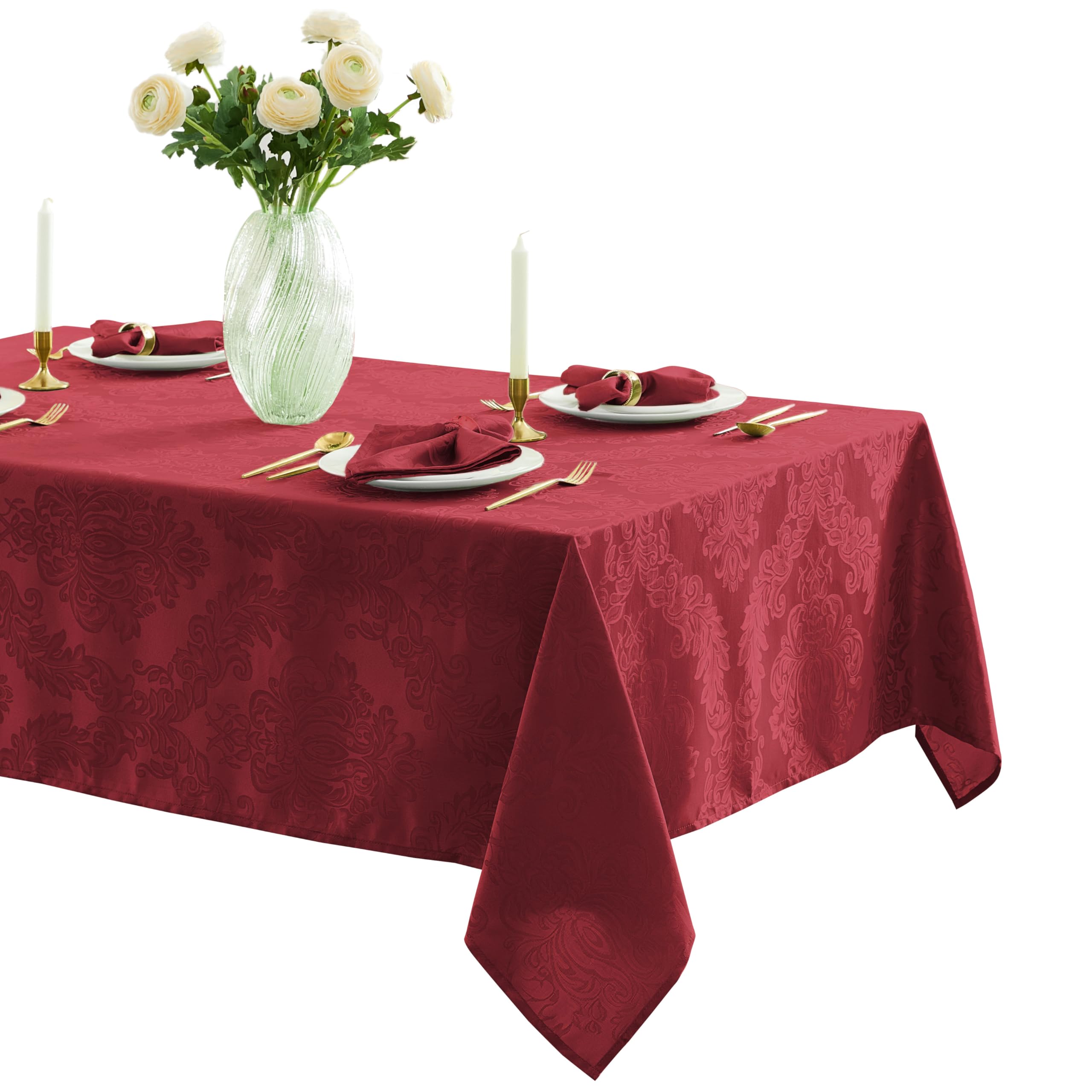 Newbridge Barcelona Damask Tablecloth burgundy close-up, rich weave for elegant dining.