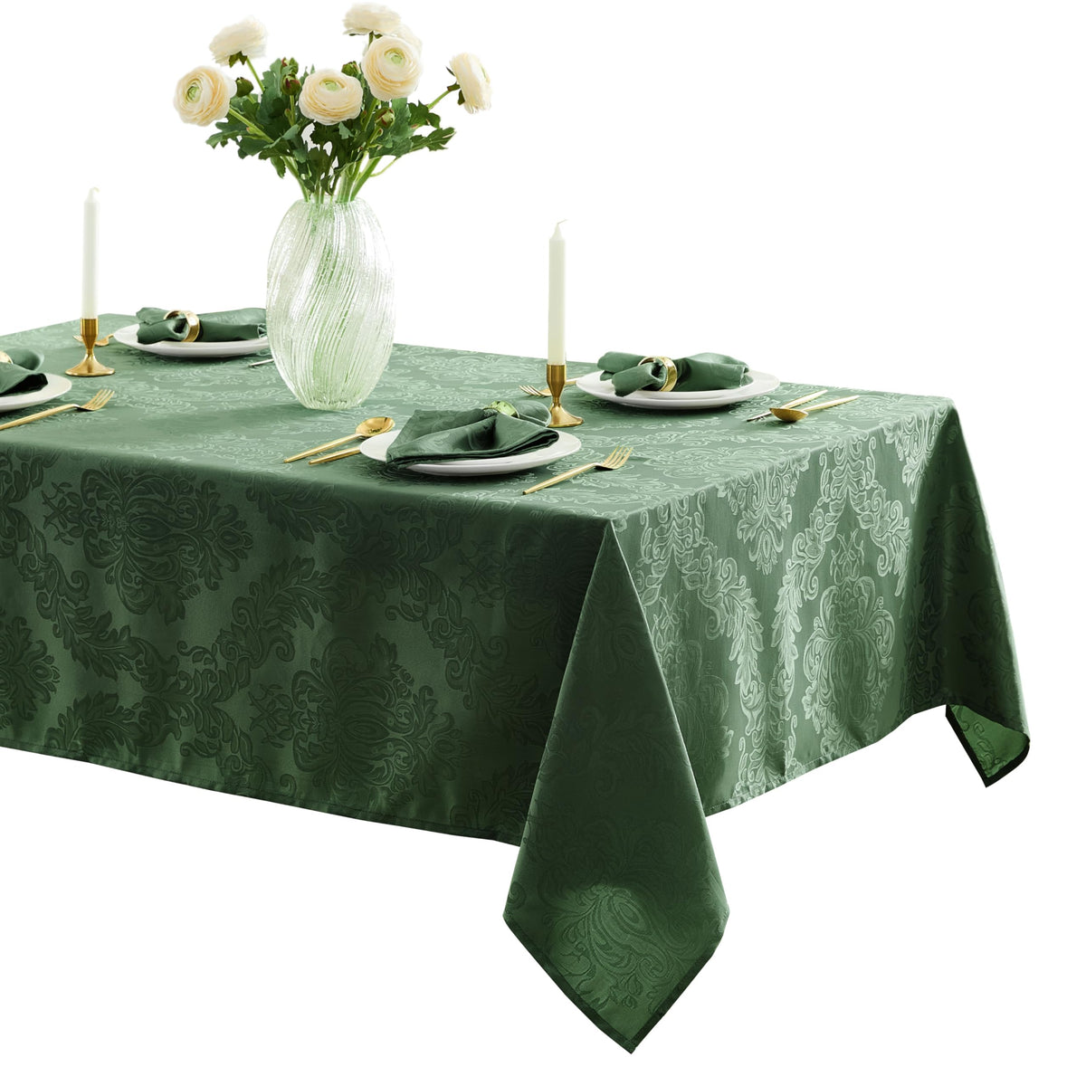 Newbridge Barcelona Damask tablecloth in hunter green for elegant no-iron dining
