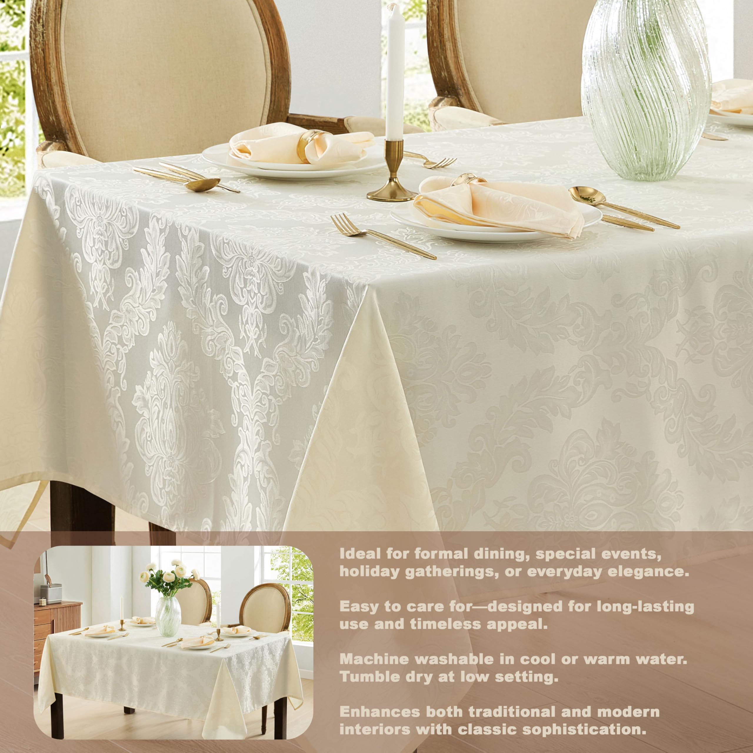 Draped Newbridge Barcelona tablecloth showing antique white shade for warm ambience.