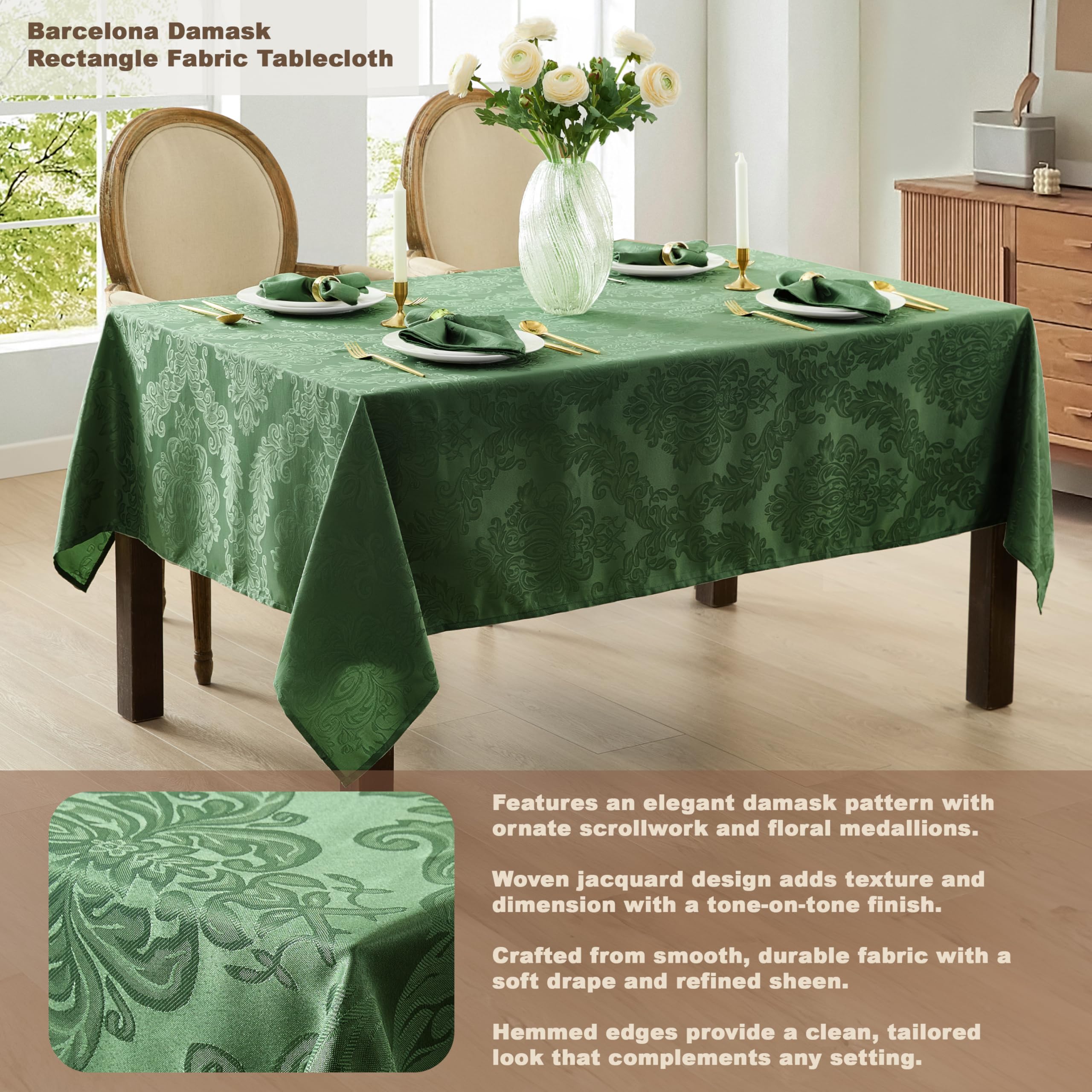 No-iron finish on Newbridge Barcelona Damask tablecloth for easy setup.