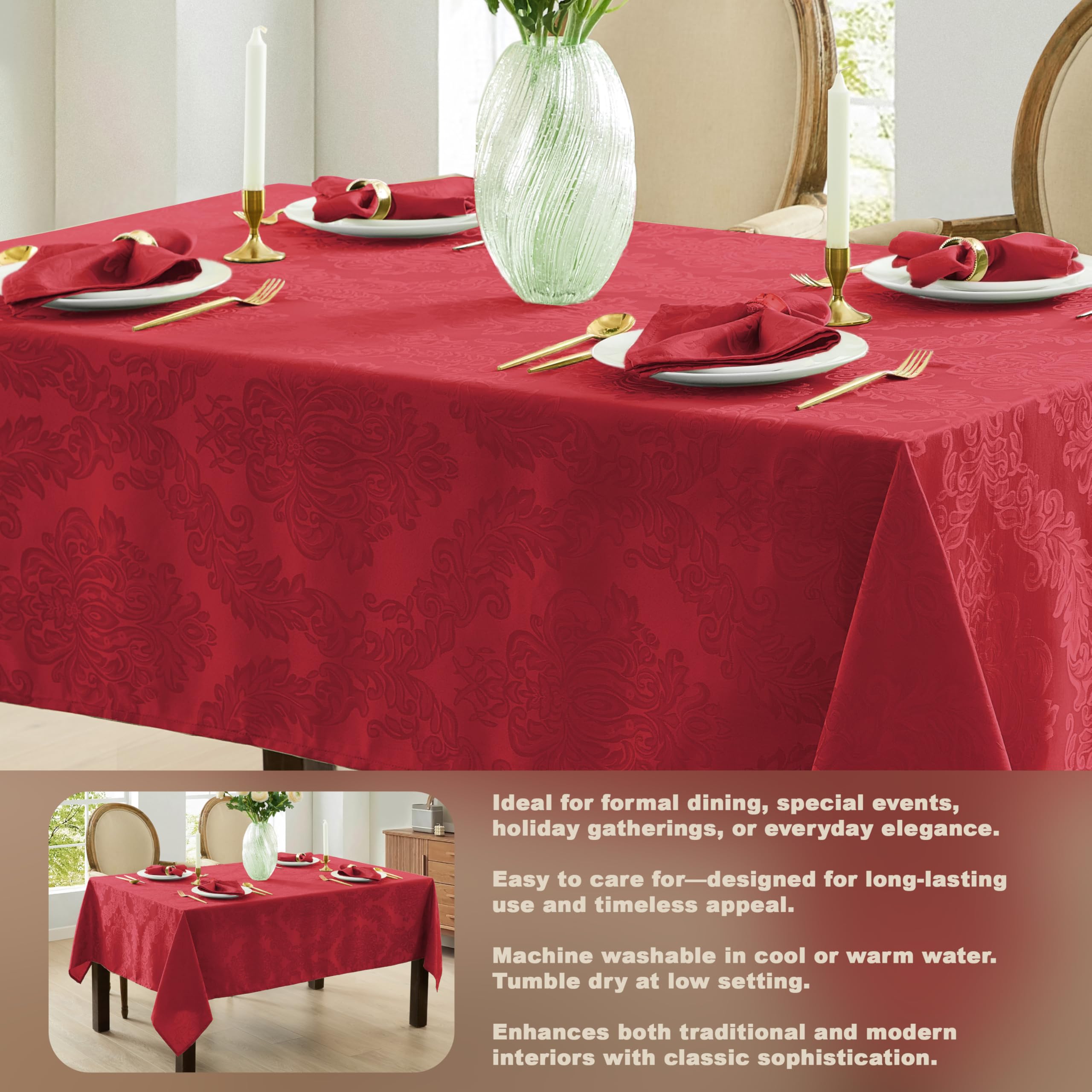 Newbridge Barcelona Damask stain-release feature shown on vibrant red fabric