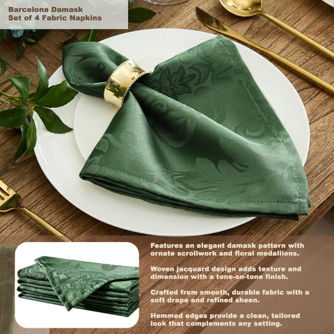 Newbridge Barcelona Damask tablecloth at a wedding setup with hunter green elegance