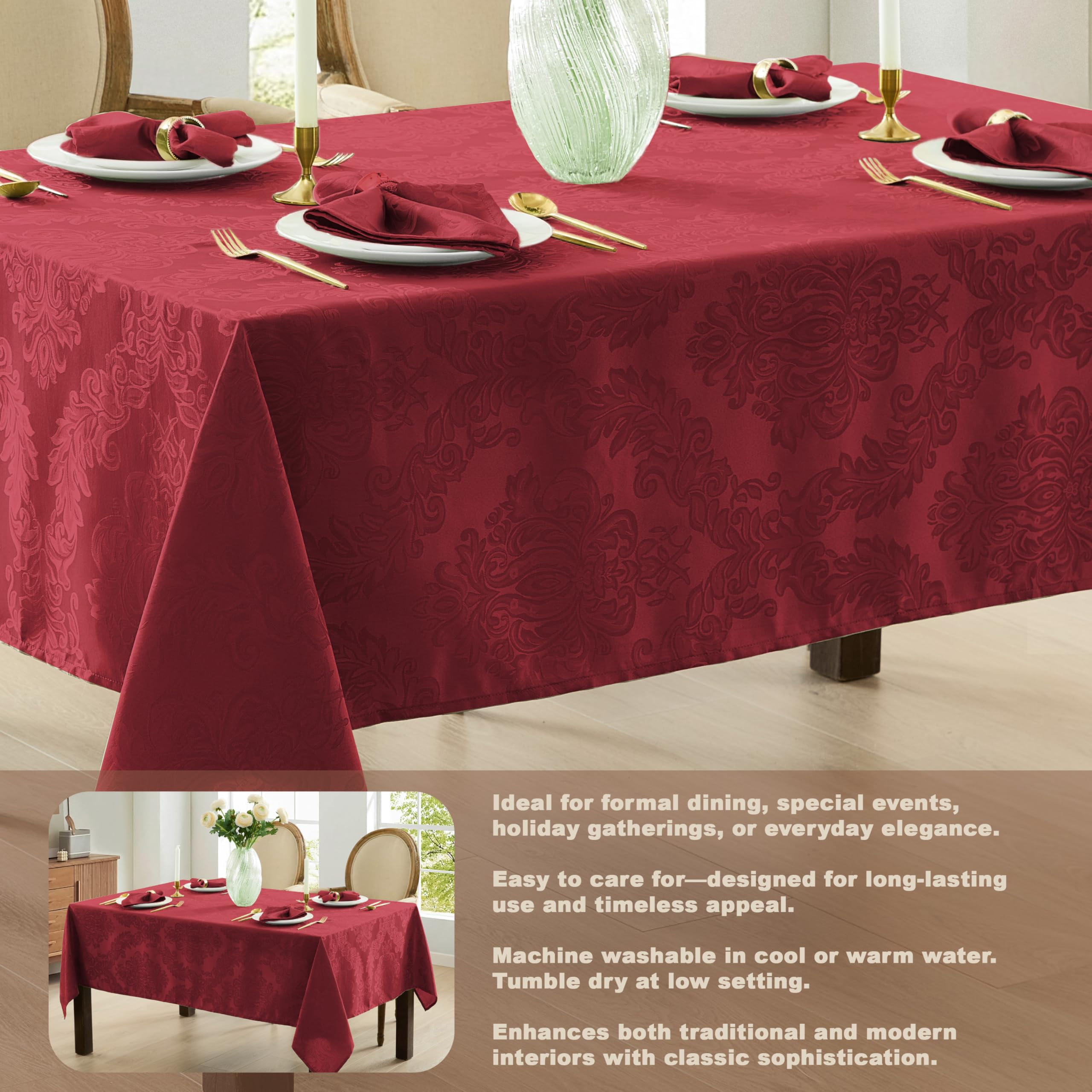 Newbridge Barcelona Damask Tablecloth woven scroll detail adds traditional ambience.