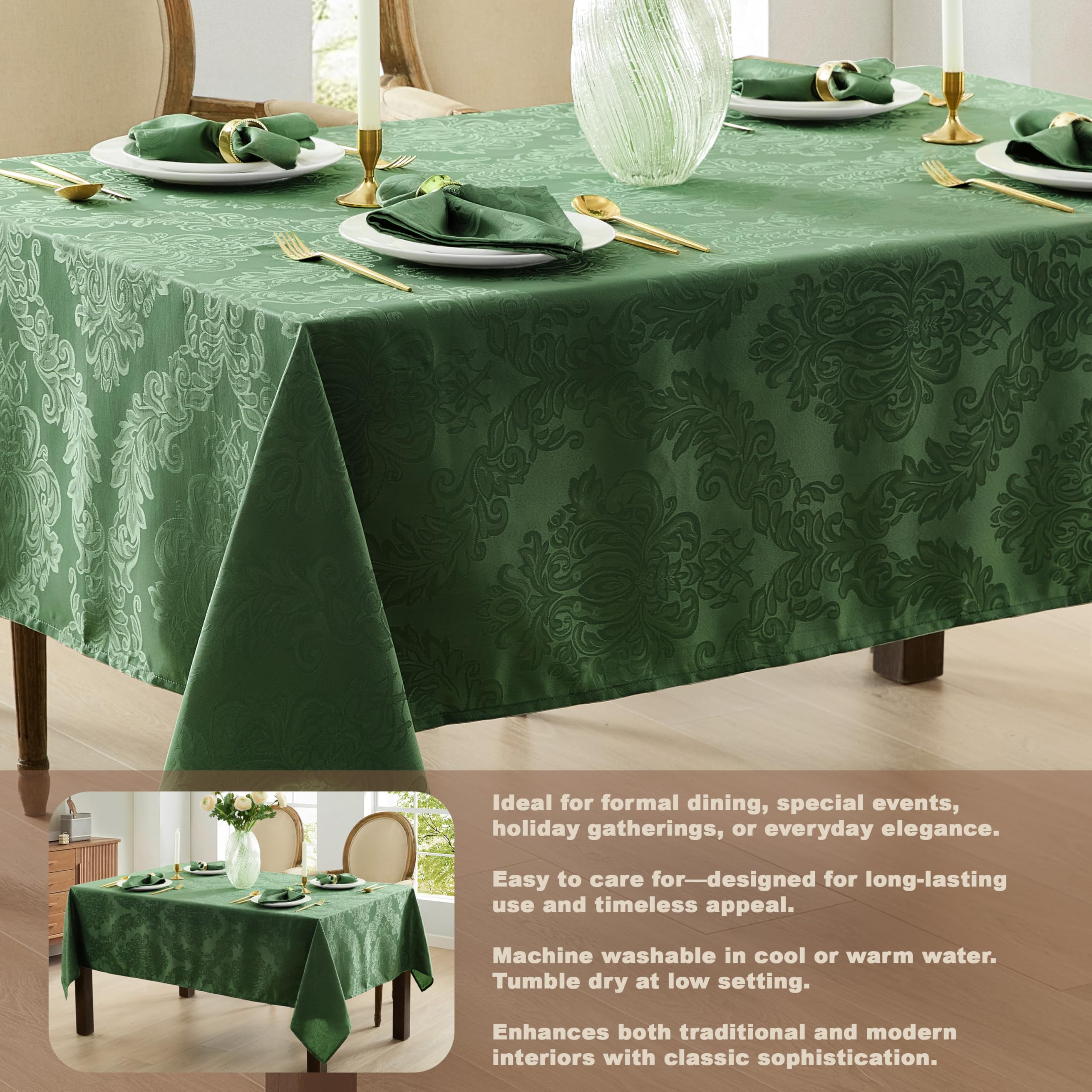 Newbridge Barcelona Damask tablecloth showing no-iron, wrinkle-free finish
