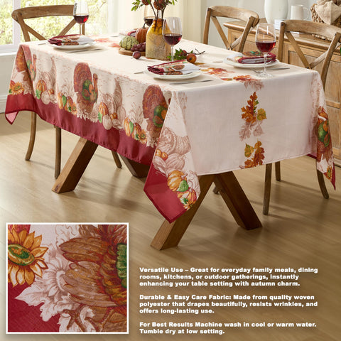 Newbridge beige background with rust border tablecloth suits indoor and outdoor setups.