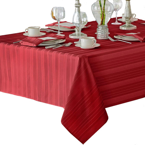Newbridge Christmas red satin stripe tablecloth 52x70 on a holiday dining table.