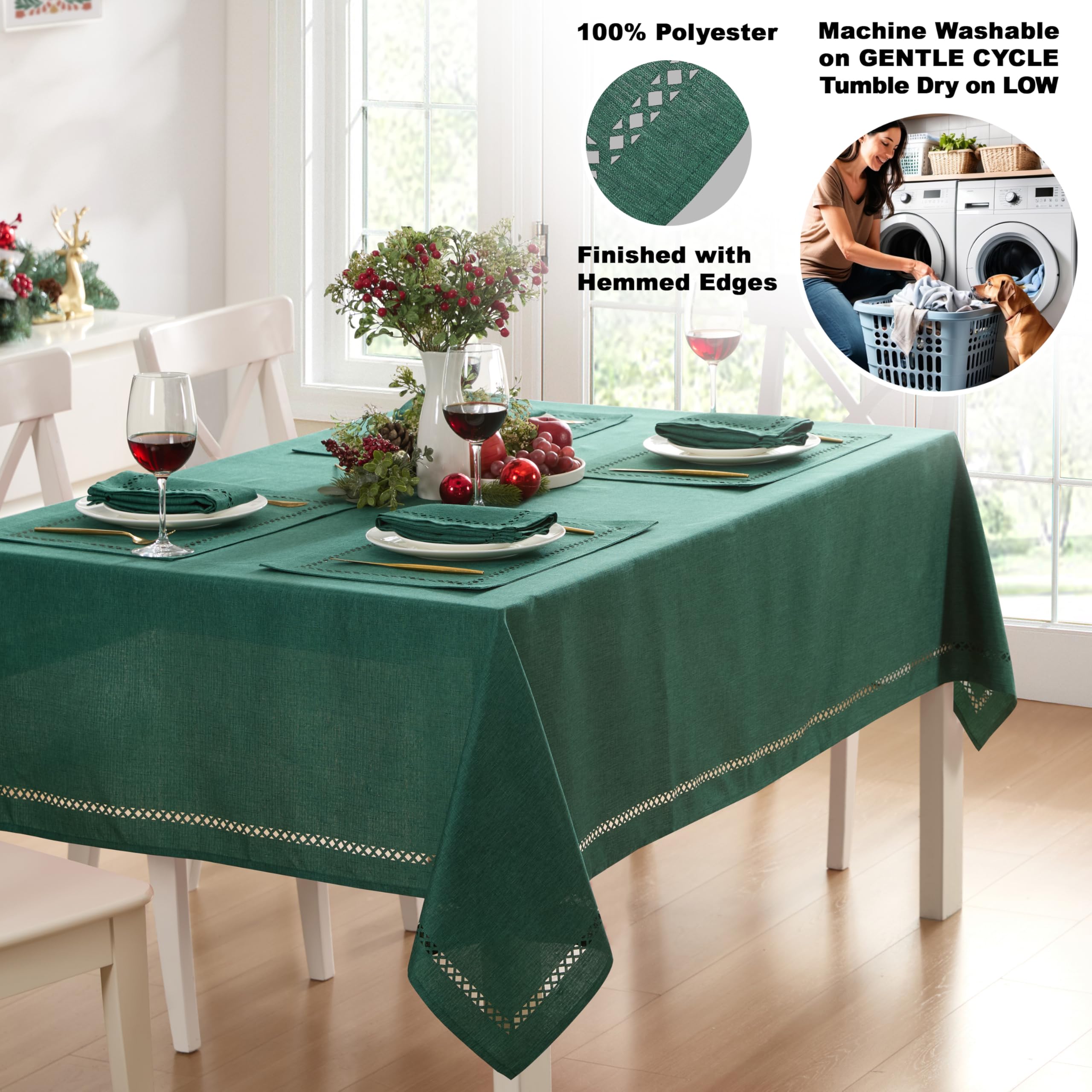 Newbridge easy-care polyester tablecloth keeps ironing to a minimum after gatherings.