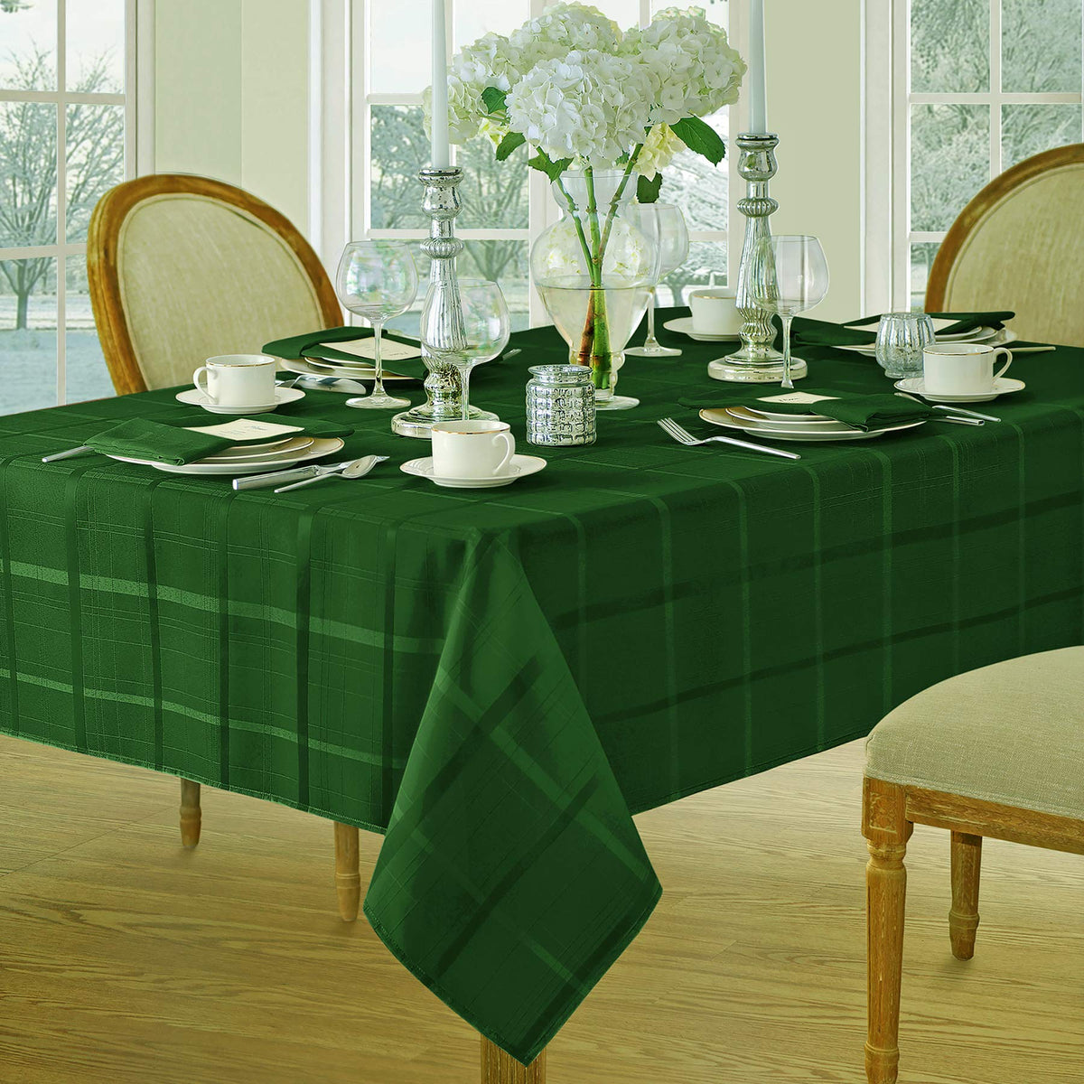 Newbridge Elegance Plaid tablecloth in hunter green with rich texture for everyday dining.
