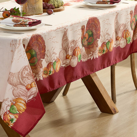 Newbridge fall harvest pumpkins and leaves print tablecloth for Thanksgiving dining and quick cleanup.