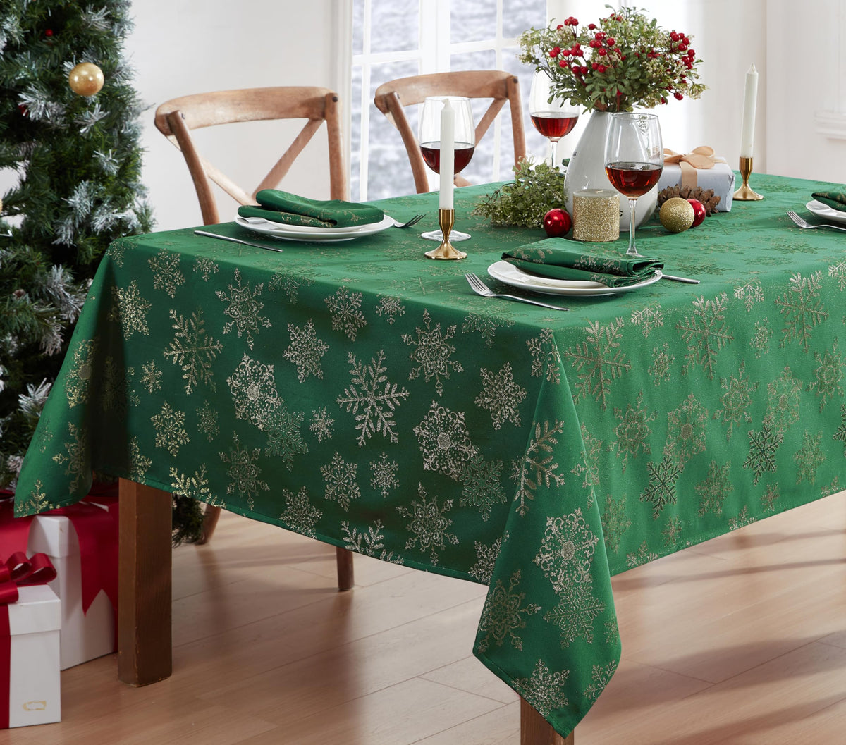 Newbridge fancy metallic snowflake tablecloth in hunter gold with festive shine for gatherings.