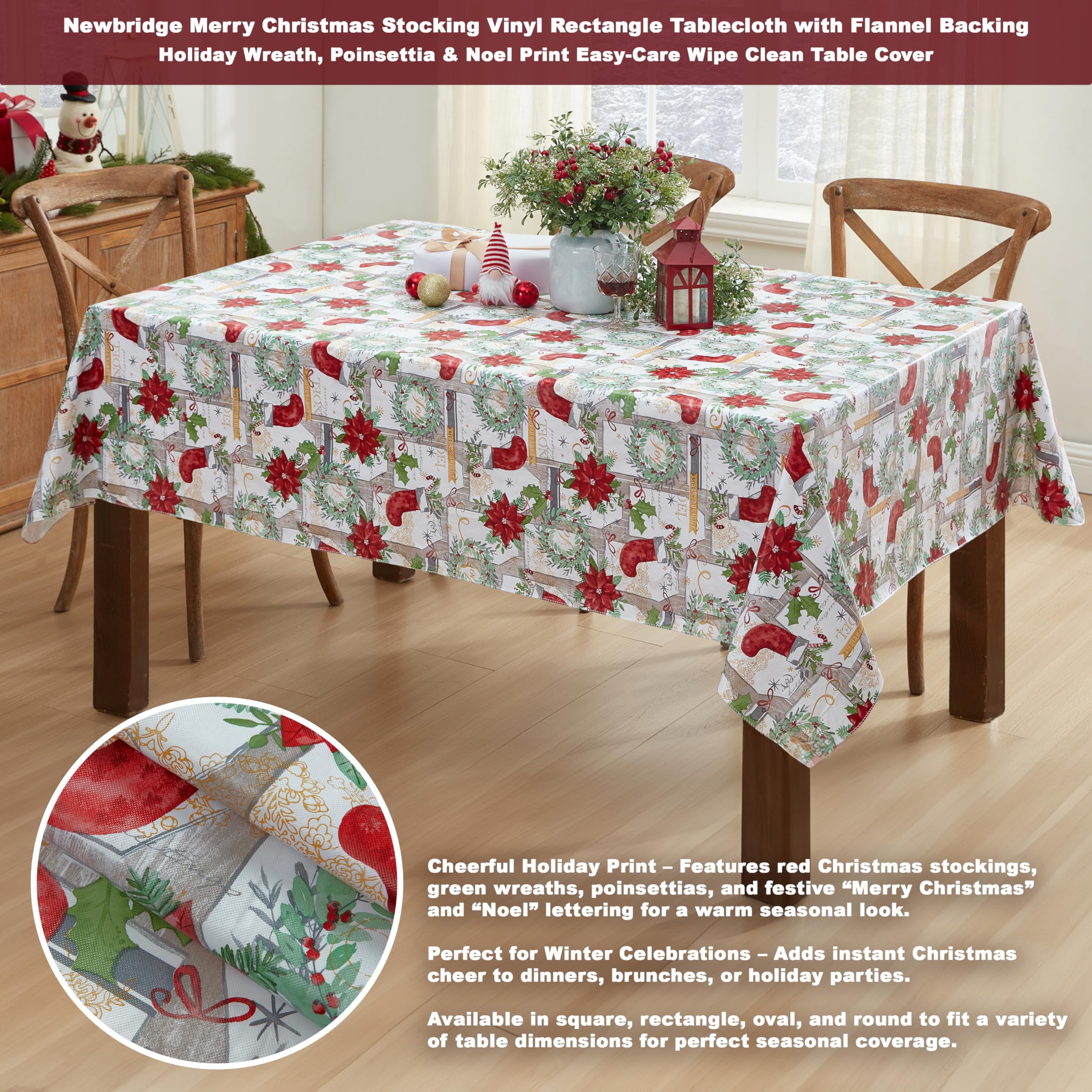 Newbridge holiday wreath print tablecloth enhances centerpiece for celebrations