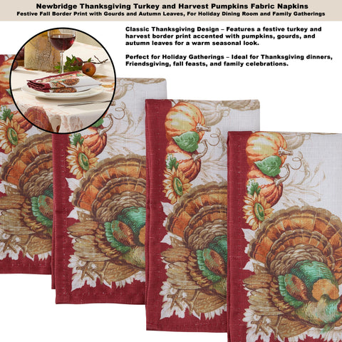Newbridge large turkey motif tablecloth detail enhances festive centerpieces and conversation starters.