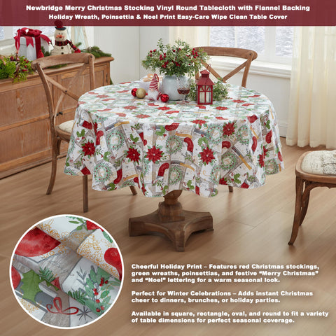 Newbridge tablecloth shows poinsettias for holiday charm with easy cleanup after meals