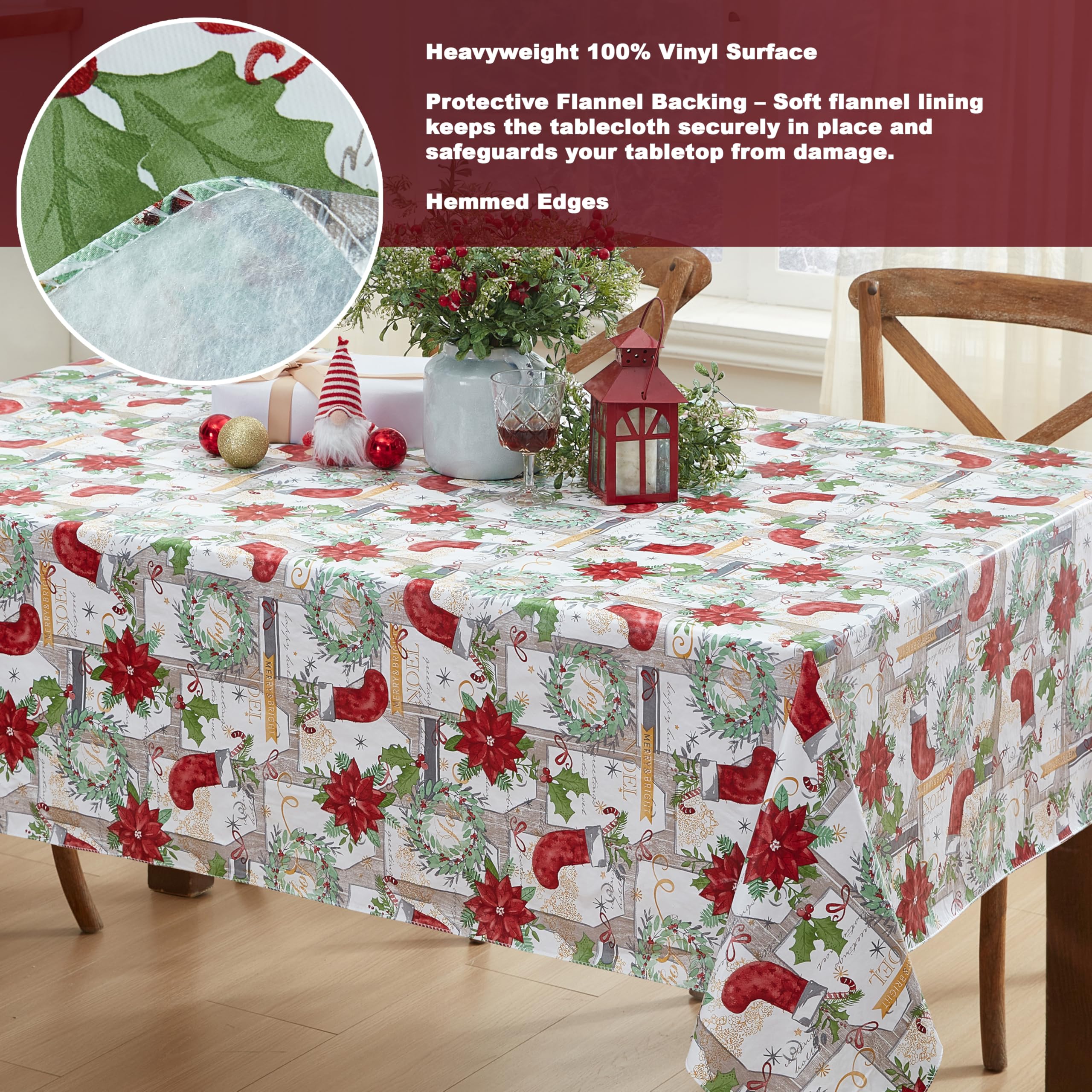 Newbridge Noel script tablecloth features warm lettering for seasonal ambiance
